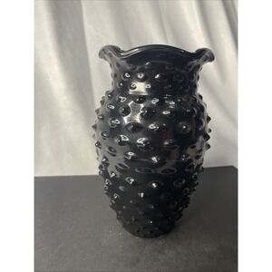 Vintage  Black Amethyst Glass Hobnail 8 Inch Vase Molded LE Smith